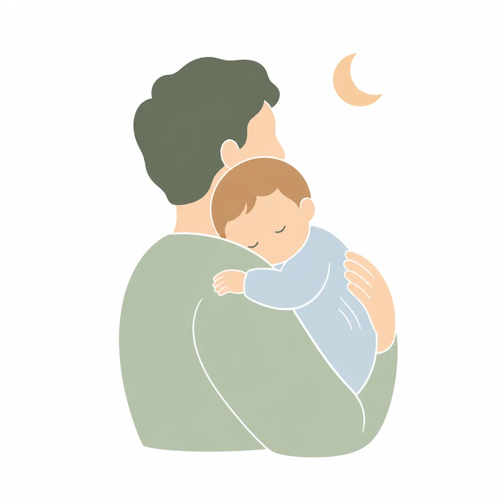 Parent burping a sleepy baby on their shoulder at night