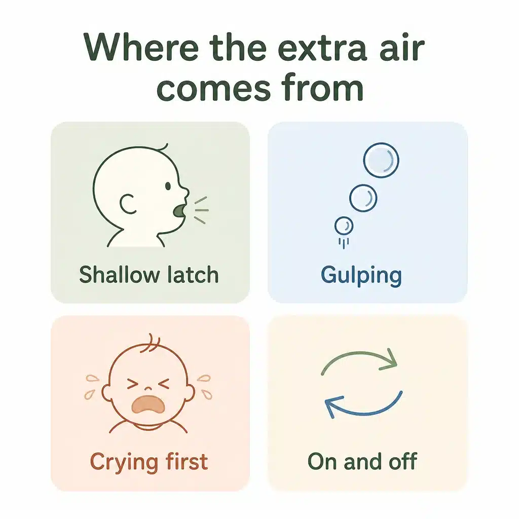 Where the extra air comes from: a shallow latch, gulping, crying first, and coming on and off the breast