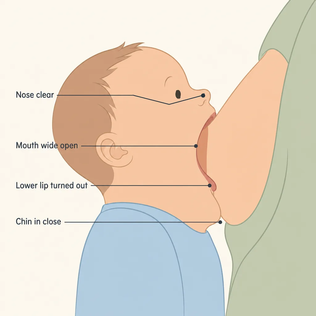 A deep breastfeeding latch: nose clear, mouth wide open, lower lip turned out, chin in close