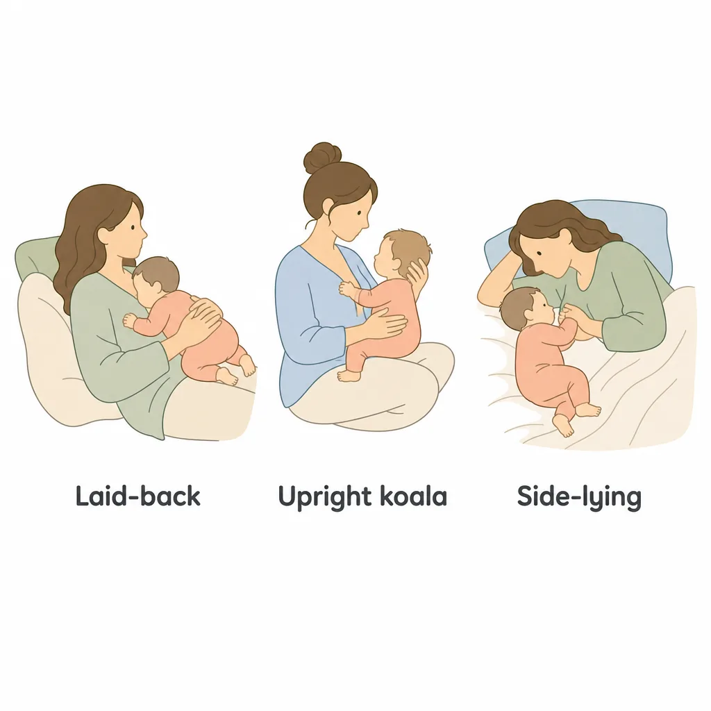Upright breastfeeding positions for a windy baby: laid-back, upright koala and side-lying