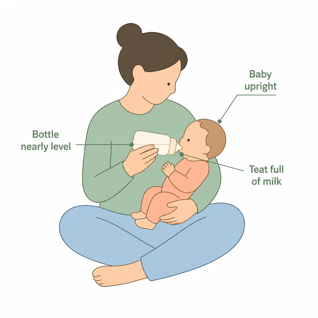 Paced bottle feeding: baby upright, bottle nearly level, teat full of milk