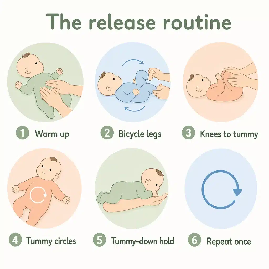 The release routine for trapped wind: warm up, bicycle legs, knees to tummy, tummy circles, tummy-down hold, repeat once