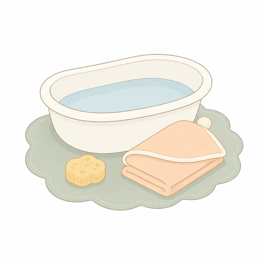 A warm baby bath with a towel and sponge ready