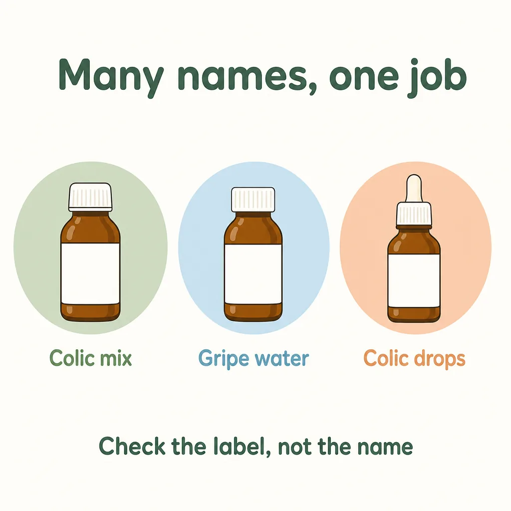 Colic mix, gripe water and colic drops: many names, one job, so check the label not the name