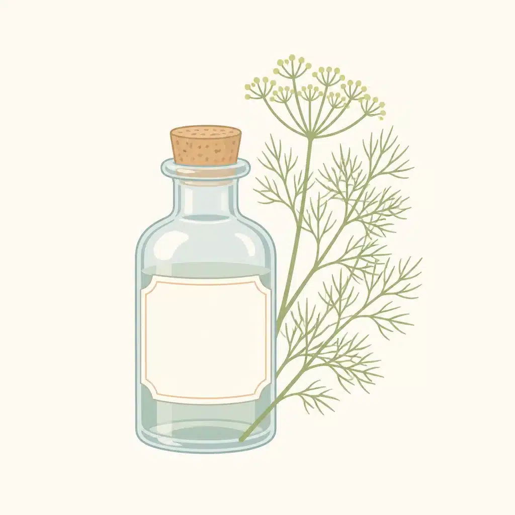 Old-fashioned glass bottle beside a sprig of dill, where the name colic water comes from