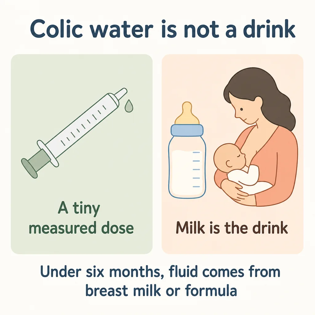 Colic water is not a drink: a tiny measured dose, while breast milk or formula is the drink under six months