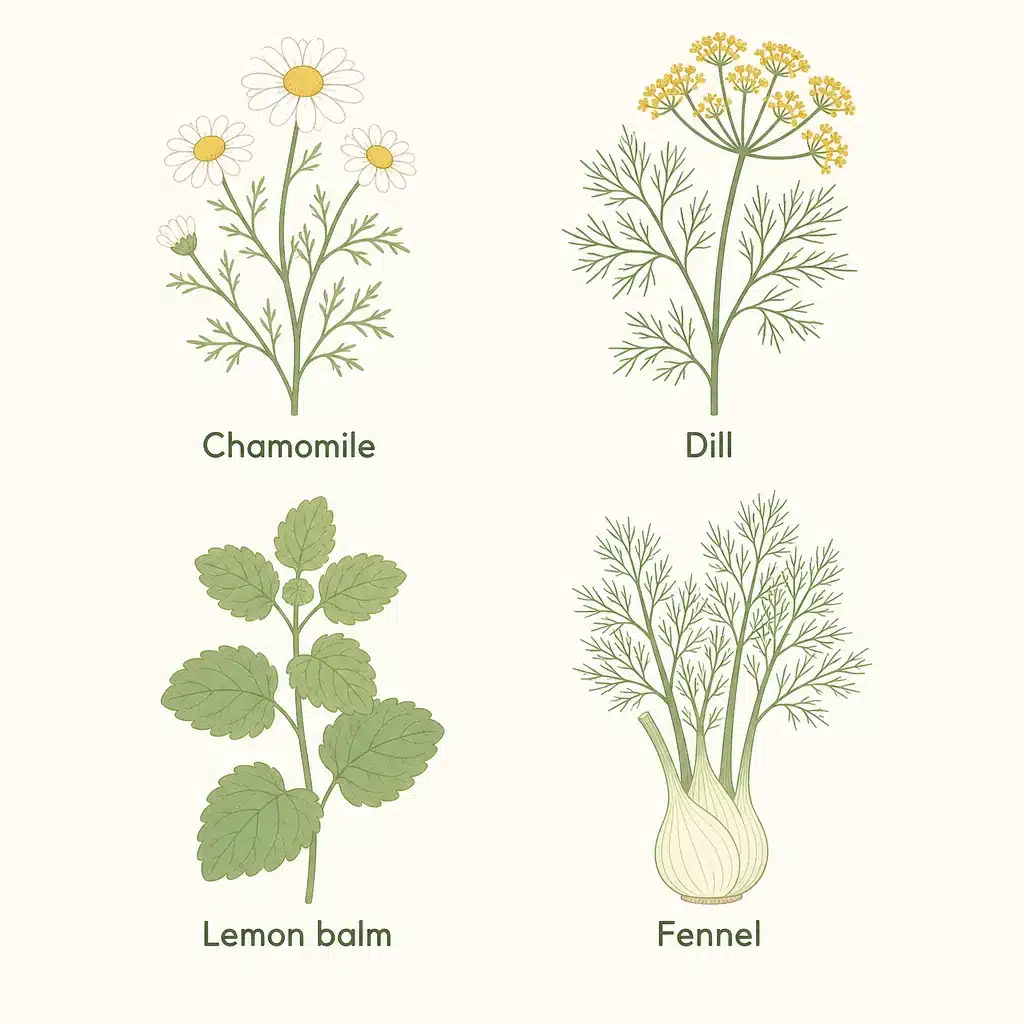 Herbs found in colic remedies: chamomile, dill, lemon balm and fennel
