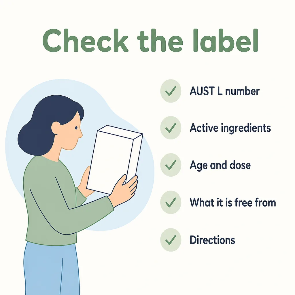 What to check on a colic remedy label: AUST L number, active ingredients, age and dose, what it is free from, directions